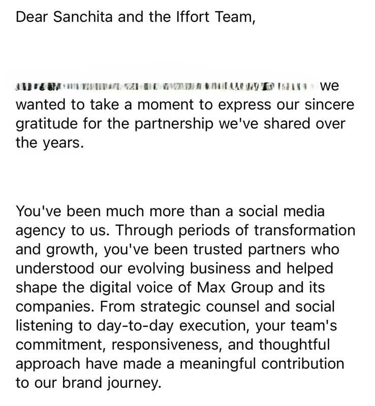 Email from Max Group calling Iffort much more than a social media agency and trusted partners