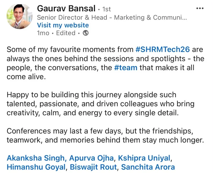 LinkedIn post from SHRM's Senior Director crediting Iffort team members by name after SHRMTech26