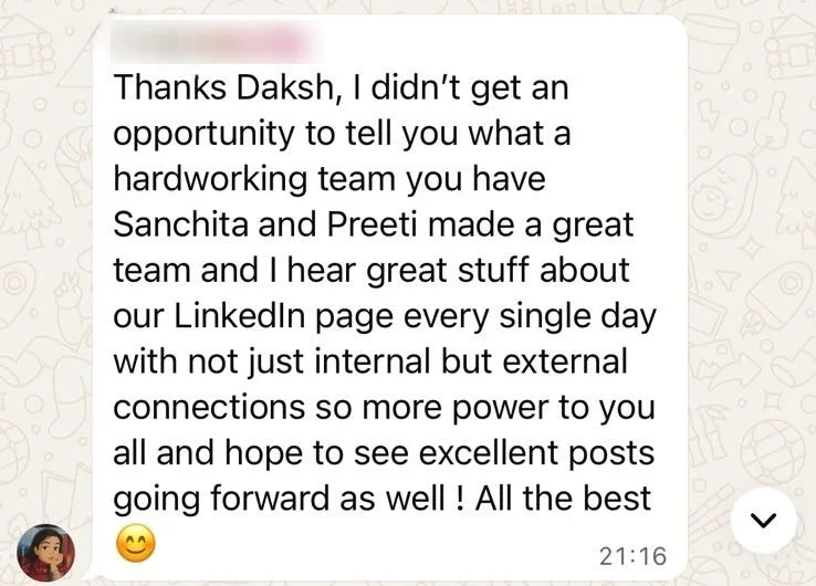 WhatsApp message from a client praising the Iffort team and their LinkedIn page results